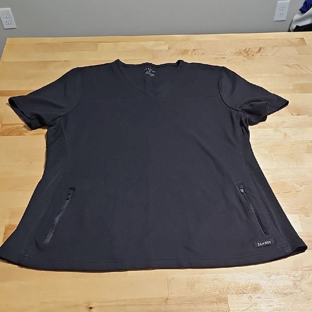 🥼 Jaanuu Black V-Neck Zipper Pocket Scrub Top XL